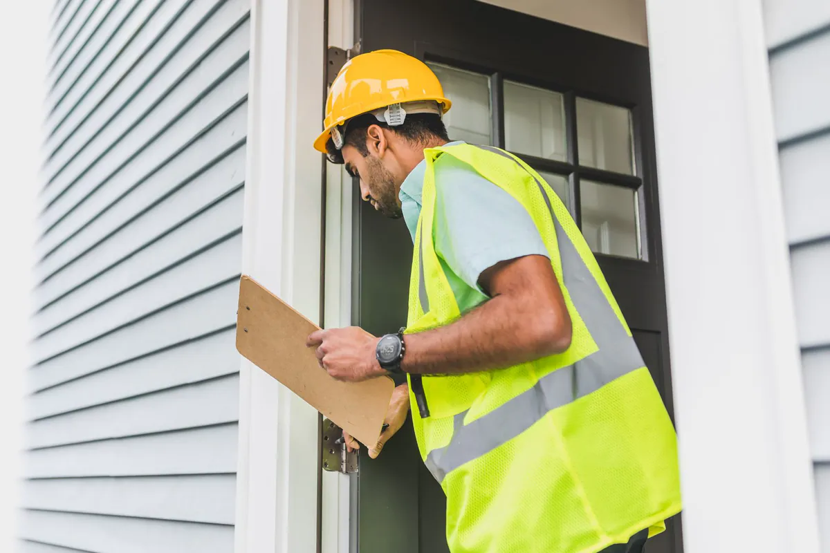 Inspector reviewing a residential roof and property with a clipboard