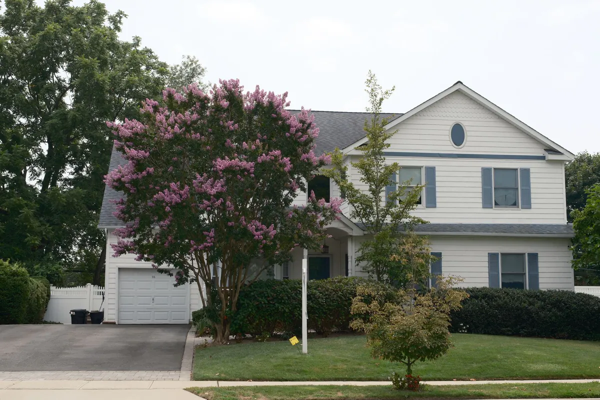 Front view of a suburban house with a blooming crape myrtle tree in the garden, showcasing lush greenery.